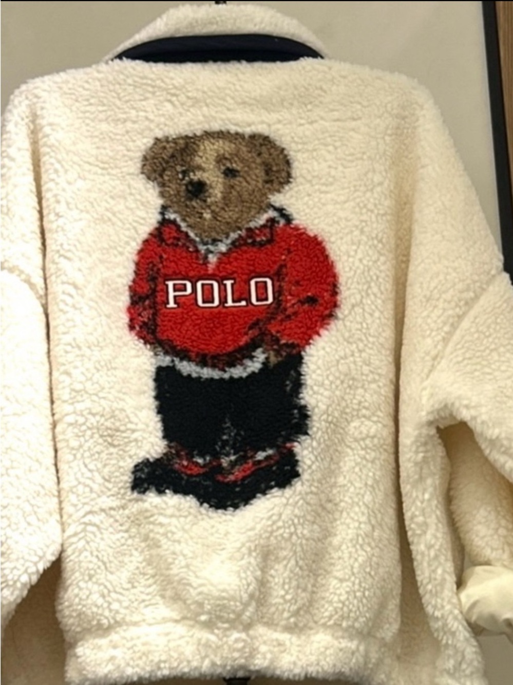 Polo Ralph Lauren  Cream  high pile funnel neck Sherpa Jacket with  Red Bear